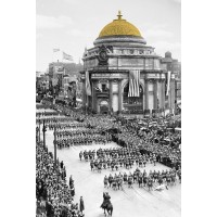 Bird's-eye view of soldiers parading in Buffalo, N.Y., Buffalo Savings Bank's Gold Dome colorized - Vertical
